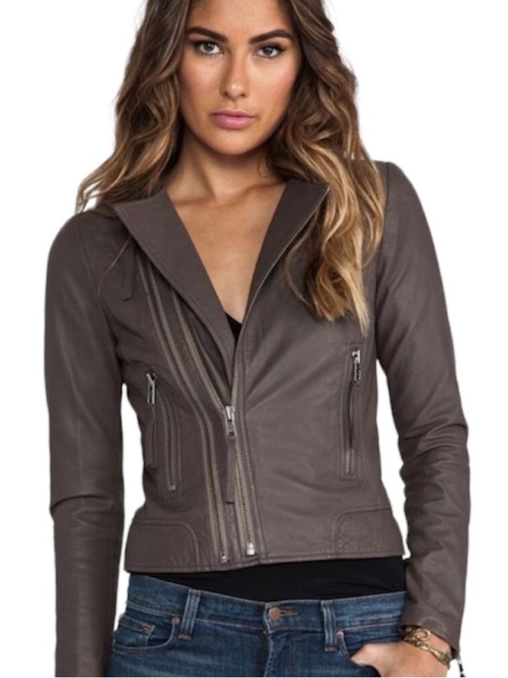 Joie Regal Kaylie Leather Jacket in Mink Taupe Brown Size Small